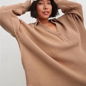 NWT Aerie LumberJane Waffle Polo Oversized Sweater in Toasted